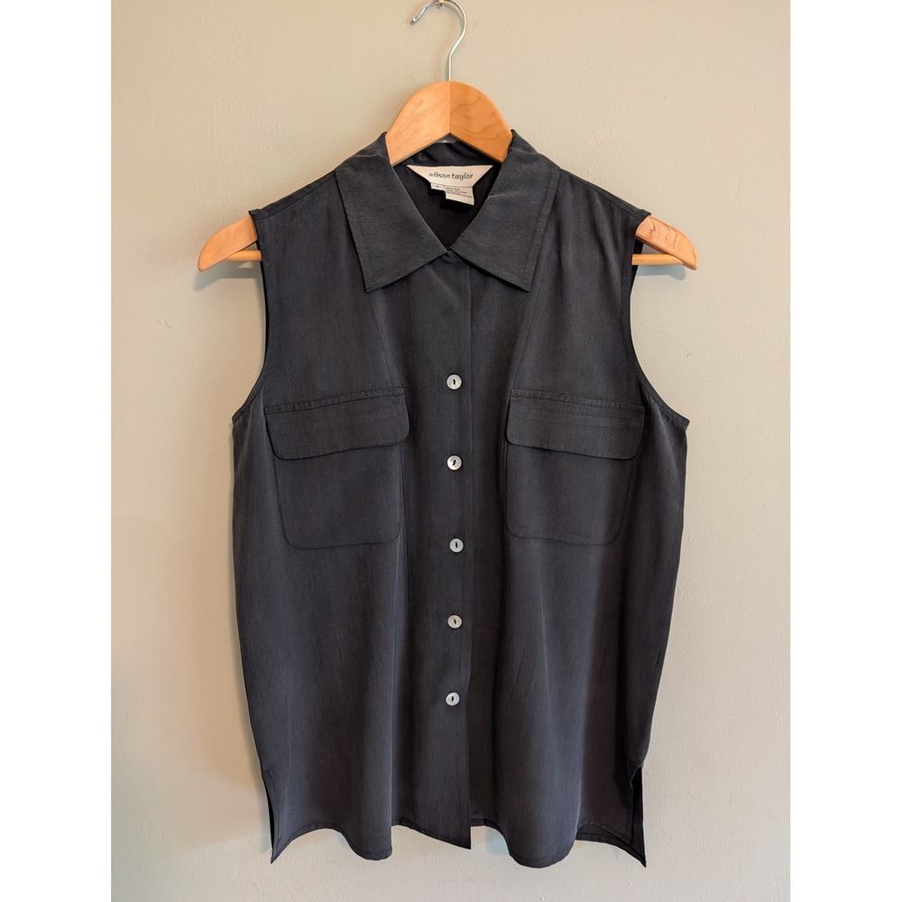 Vintage 90s Allison Taylor Silk Sleeveless Button Down Shirt Grey Small Pockets